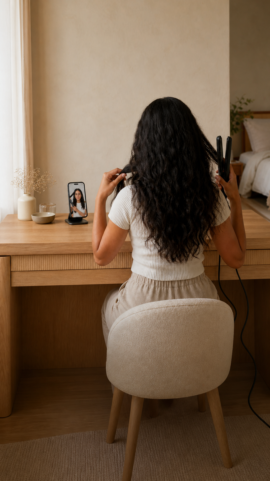 A woman using the CurlMyHair camera coach while styling with a flat iron